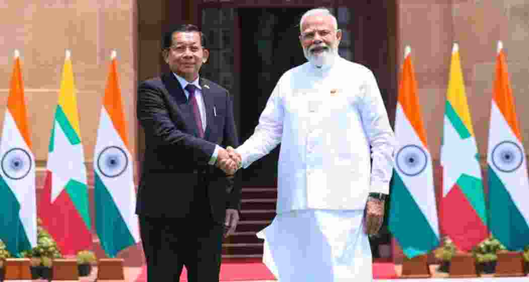 Prime Minister Narendra Modi with Myanmar President Min Aung Hlaing in New Delhi on Monday.
