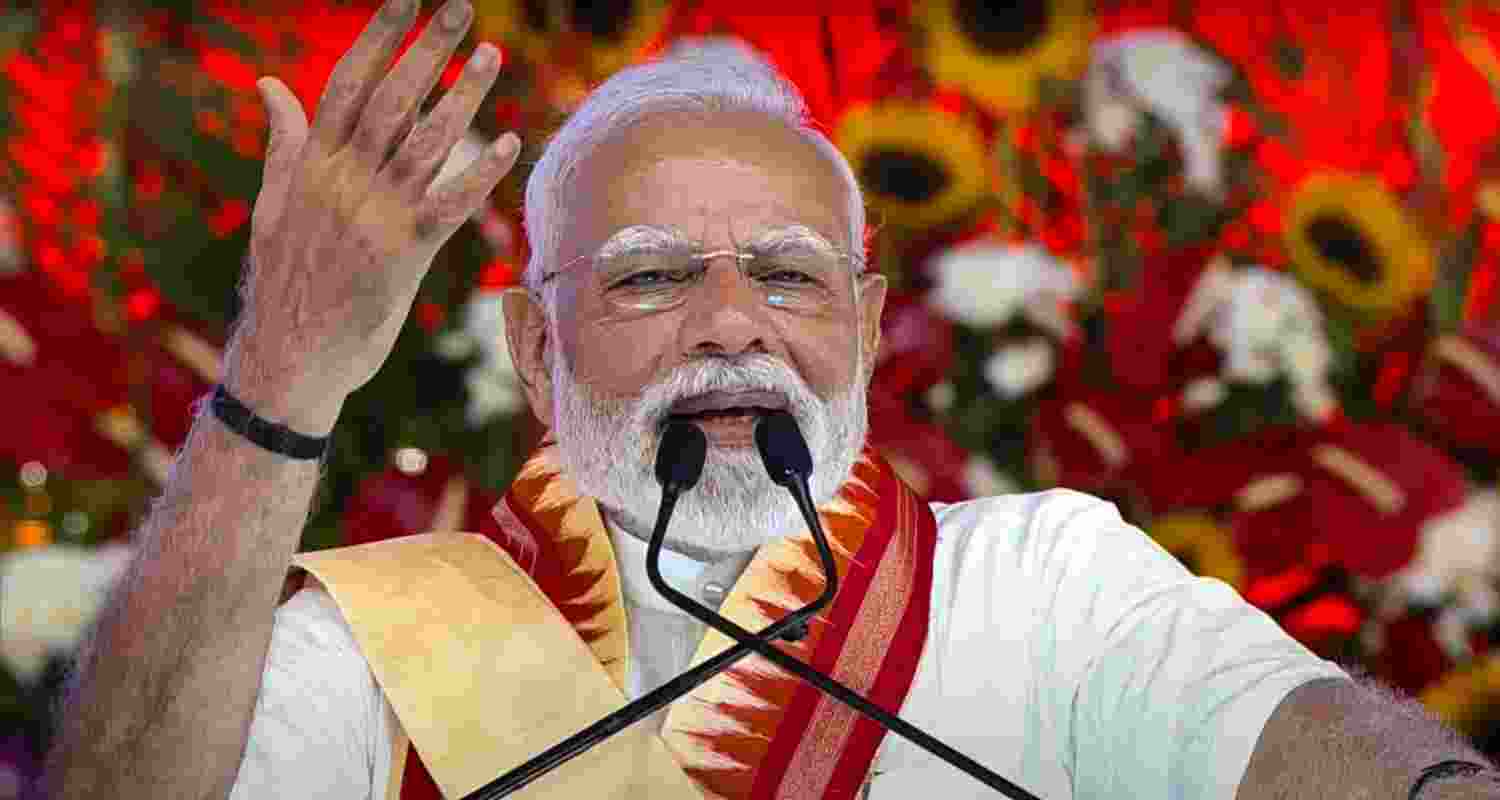 Prime Minister Narendra Modi addresses the foundation stone laying event of development projects worth over 5,400 crore rupees at Khodaldham ground, in Ahmedabad. 