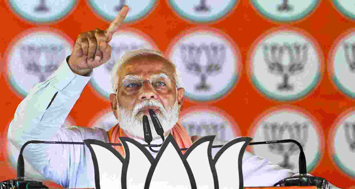 Prime Minister Narendra Modi addresses a public meeting in support of BJP candidate Kripashankar Singh amid Lok Sabha elections, in Jaunpur on Thursday, May 16, 2024.