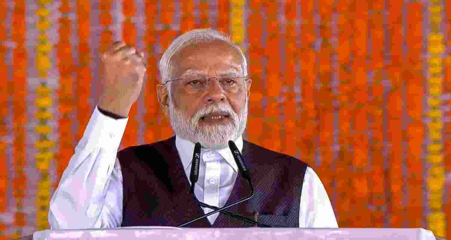 Prime Minister Narendra Modi addresses a public rally during the foundation stone laying and inauguration of various development projects at Katra, in Reasi district.