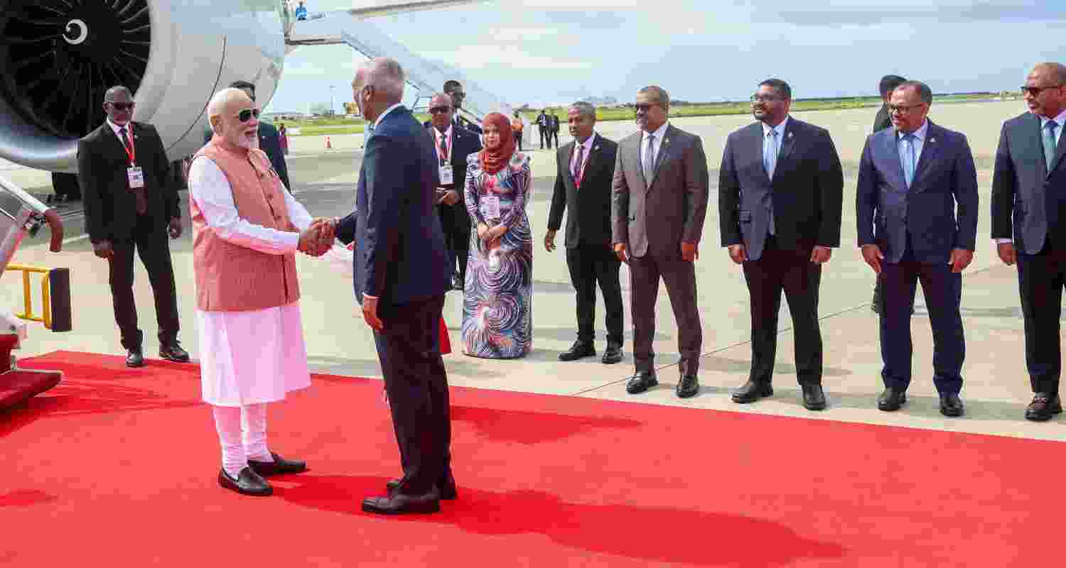 PM Narendra Modi arrives in Male, Maldives, to a warm welcome by President Mohamed Muizzu.