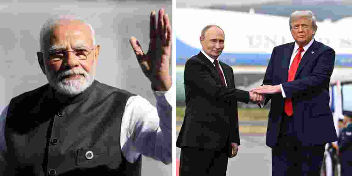 A file photo of Prime Minister Narendra Modi (L). Russian President Vladimir Putin and US President Donald Trump at their Alaska meet (R).