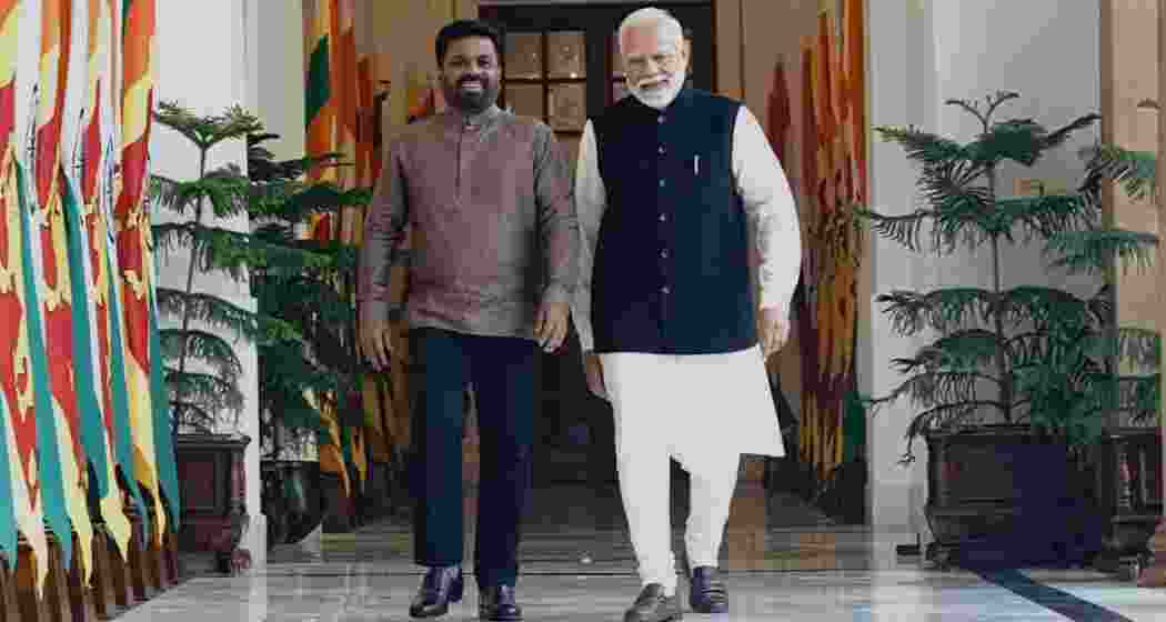 Sri Lankan President Anura Kumara Disanayaka and PM Narendra Modi take a stroll at Hyderabad House, the state guest house of the Prime Minister of India in New Delhi on Monday, marking Disanayaka's first foreign visit since assuming the presidency in September.