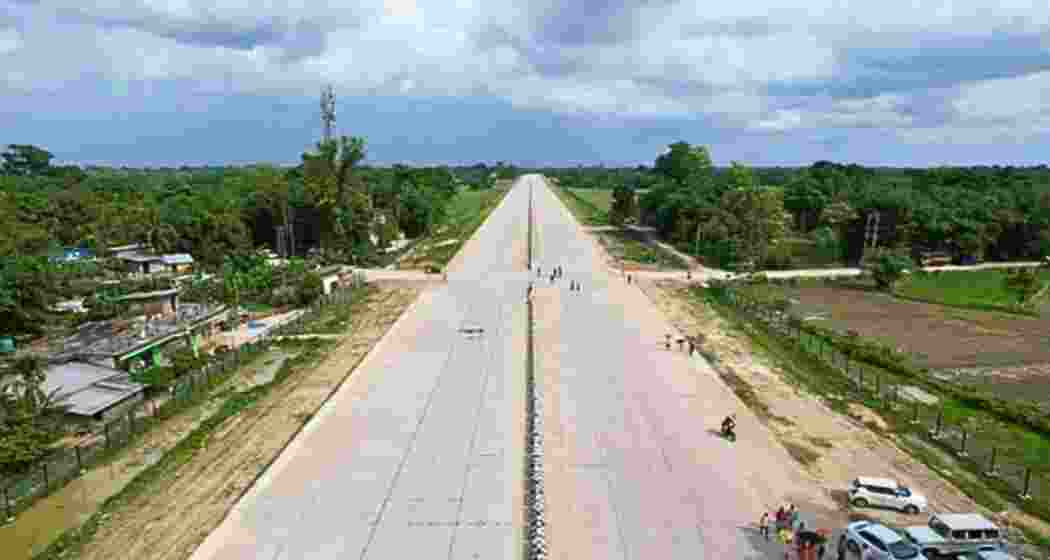 An aerial view of the Dibrugarh-Moran highway in Assam, where an emergency landing facility has been prepared for Prime Minister Narendra Modi’s aircraft and Indian Air Force fighter jets. (Image: Special arrangement)