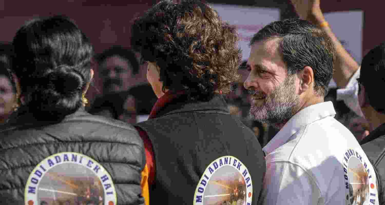 Leader of Opposition in the Lok Sabha Rahul Gandhi with Congress MP Priyanka Gandhi at a protest of opposition MPs during the Winter session of Parliament, in New Delhi, Thursday.