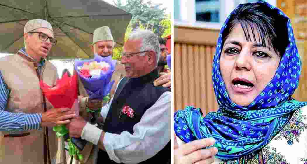 (On left) Omar Abdullah, CM of J&K, with Tariq Hamid Karra, JKPCC chief. Behind them, Farooq Abdullah, NC president, and on the right, JKPDP chief Mehbooba Mufti.
