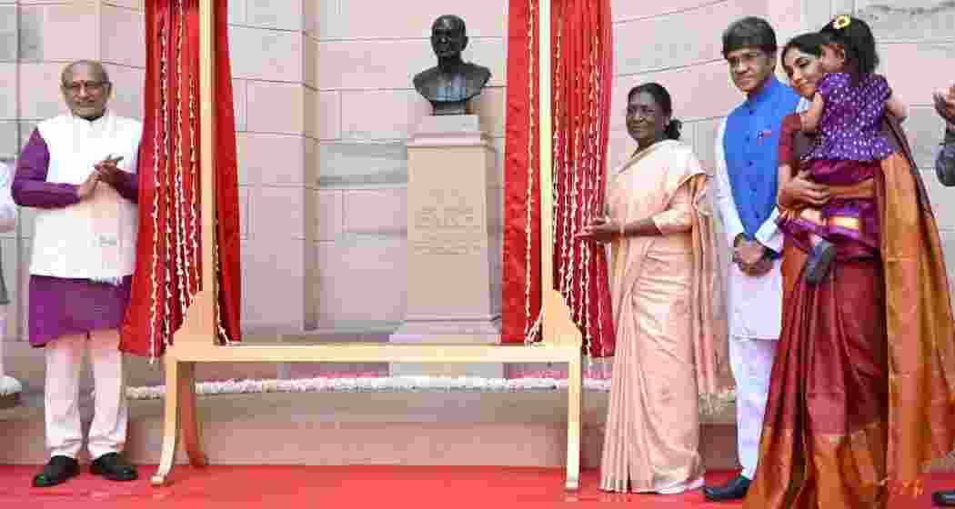 President Droupadi Murmu, Vice-President C P Radhakrishnan and members of Rajaji’s family, pose after the unveiling of Chakravarti Rajagopalachari’s bust at Rashtrapati Bhavan in New Delhi on Monday.