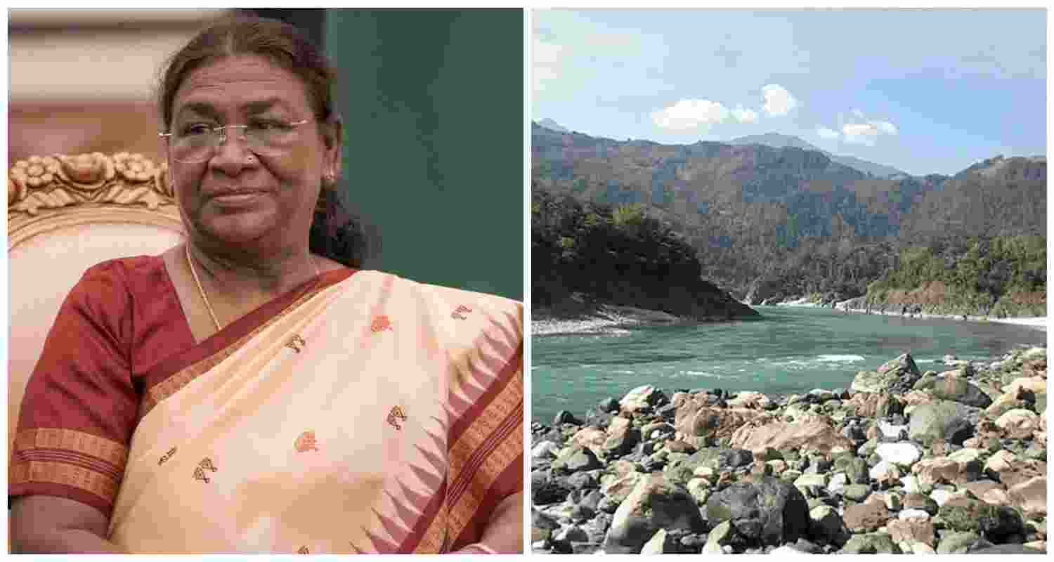 The serene Siang River flows undisturbed (R). Civil societies have urged President Murmu's (L) action to preserve its natural beauty and protect the livelihoods of indigenous communities.