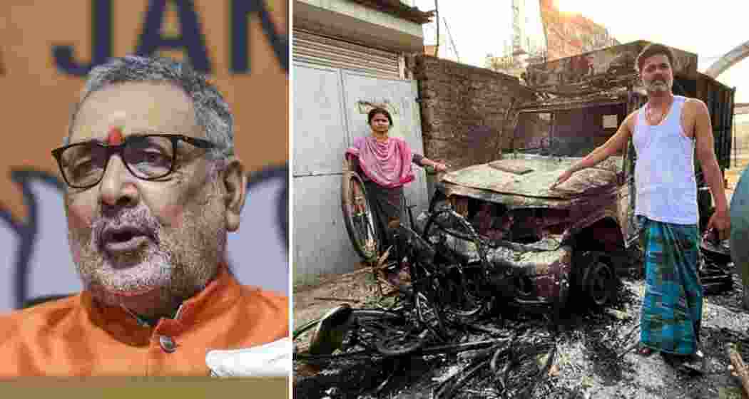 Union Minister Giriraj Singh (left). A couple stands beside the charred remains of their vehicles, allegedly torched by a mob during the Murshidabad unrest.