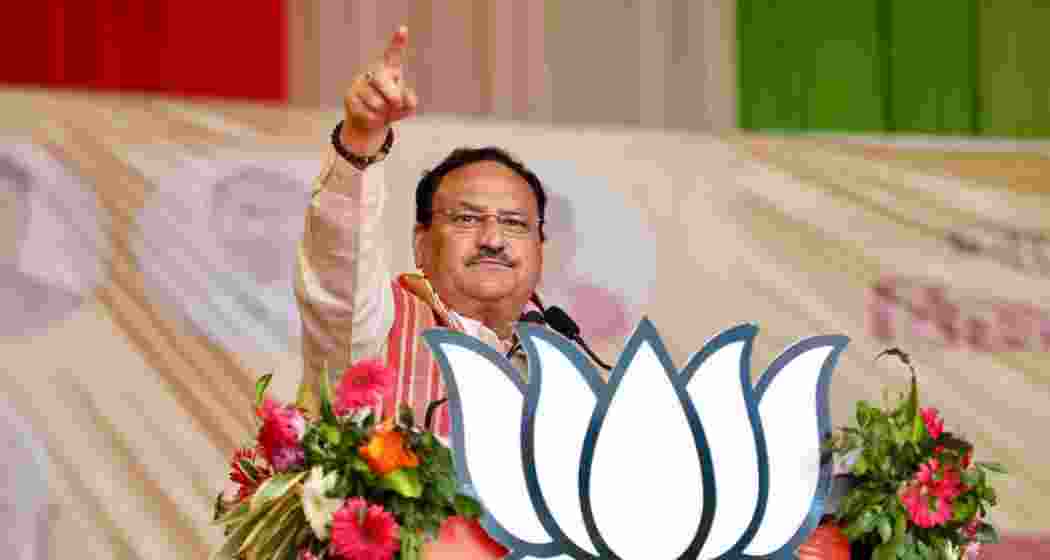 Union Minister J P Nadda addressing a gathering in Assam. 