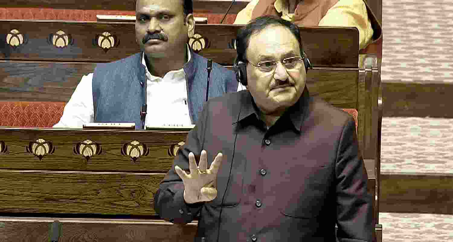Union Minister J.P. Nadda speaks in the Rajya Sabha during the Winter session of Parliament, in New Delhi, Tuesday.