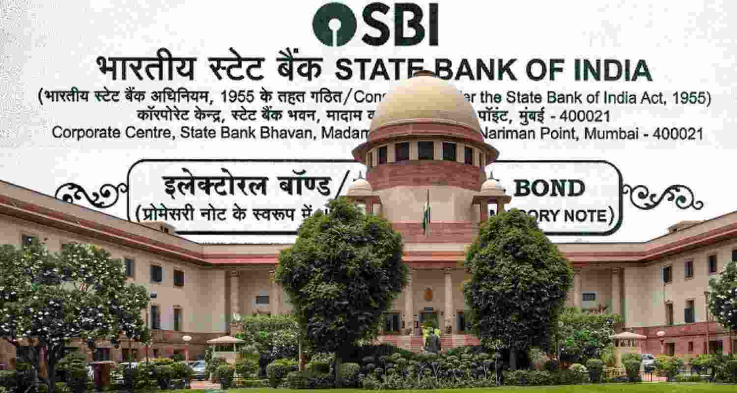 An image of the Supreme Court of India and an electoral bond.