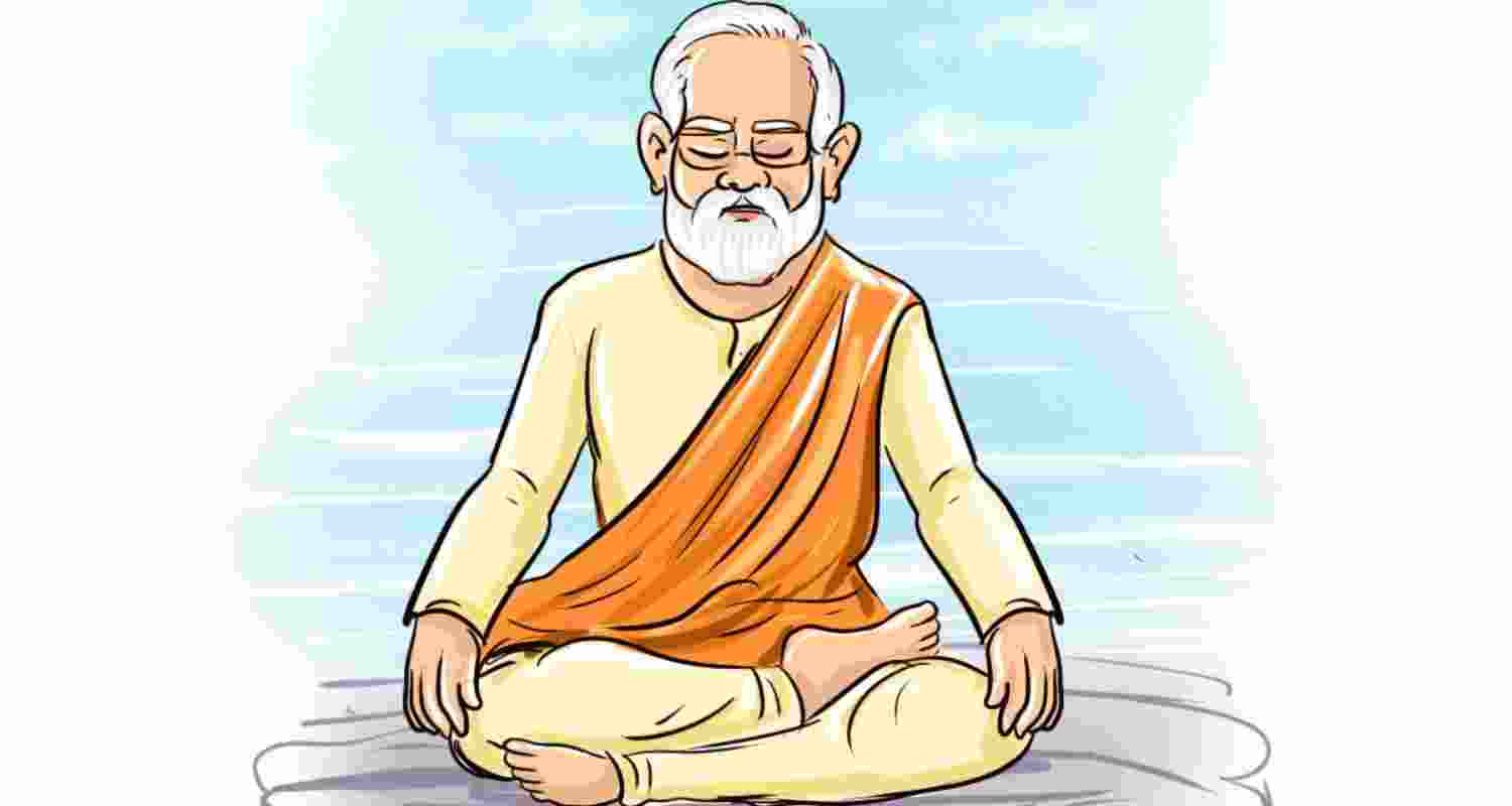 An illustration of Prime Minister Narendra Modi meditating at the Vivekananda Rock Memorial.
