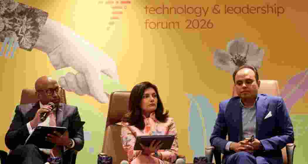 Rajesh Nambiar, NASSCOM president, Sindhu Gangadharan, chairperson of NASSCOM, and Srikanth Velamakanni, CEO of Fractal Analytics, attend the NASSCOM Technology and Leadership Forum press conference in Mumbai, India.