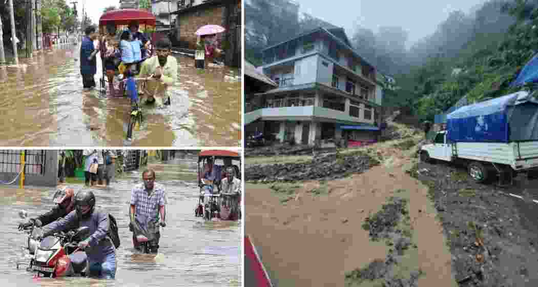 Residents commute through flooded streets in Guwahati while NDRF personnel distribute relief by boat in inundated areas, following torrential rain and flash floods across Assam and Meghalaya (R) on Saturday.