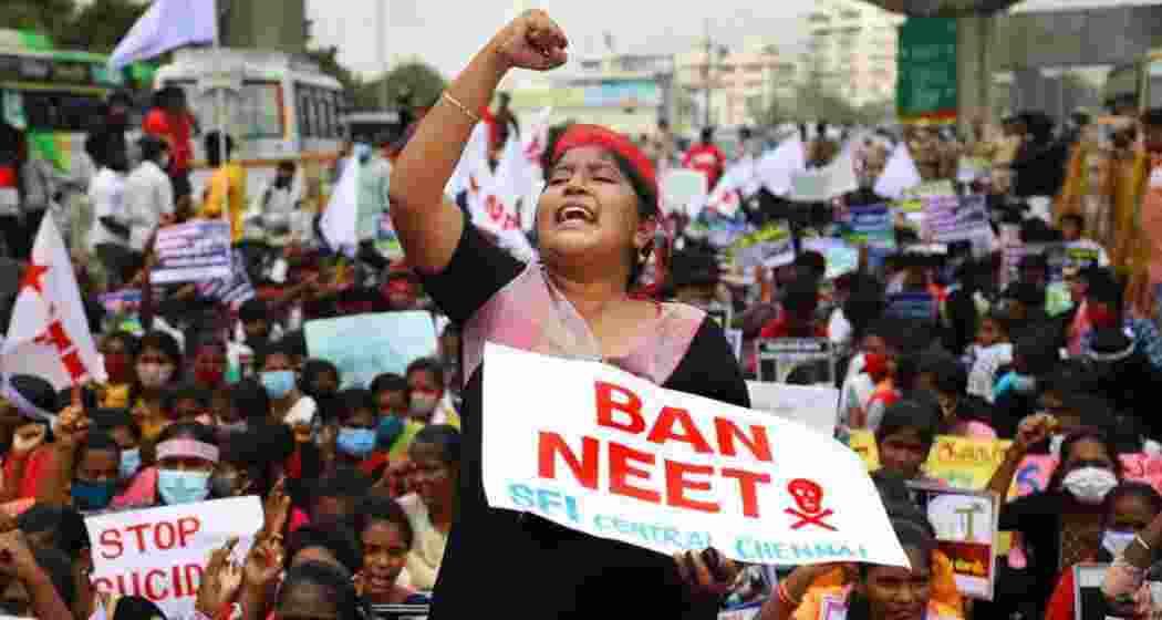 Students' Federation of India (SFI) members stage a protest against holding of the NEET exam, in Chennai.