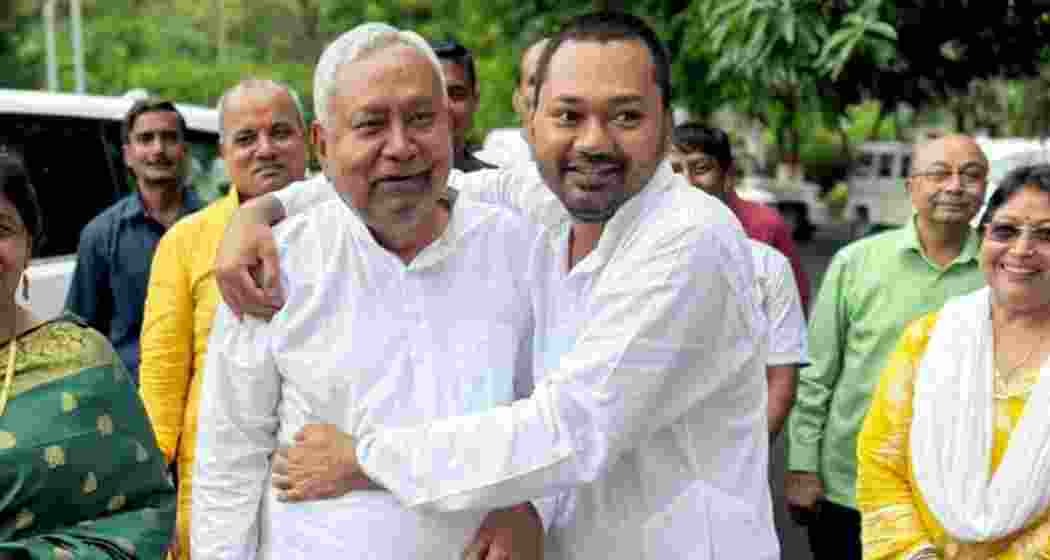 Nitish Kumar with his son Nishant Kumar, in Patna. (ANI)