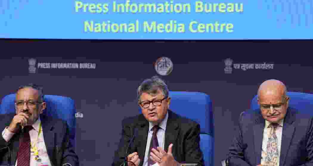 From (right to left) NITI Aayog CEO BVR Subrahmanyam, Vice Chairperson Suman Bery and member Rajiv Gauba during a press briefing on NITI Council meeting, in New Delhi on Saturday, May 24, 2025.