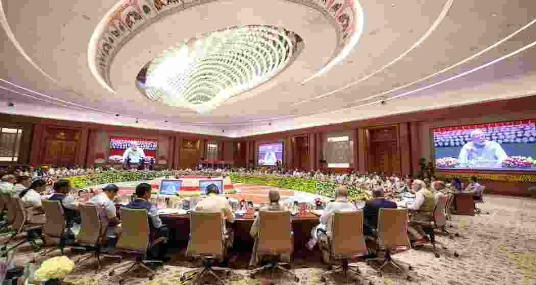 Prime Minister Narendra Modi with Union Ministers, Chief Ministers and administrators during the 10th NITI Aayog Governing Council meeting in Delhi on Saturday.