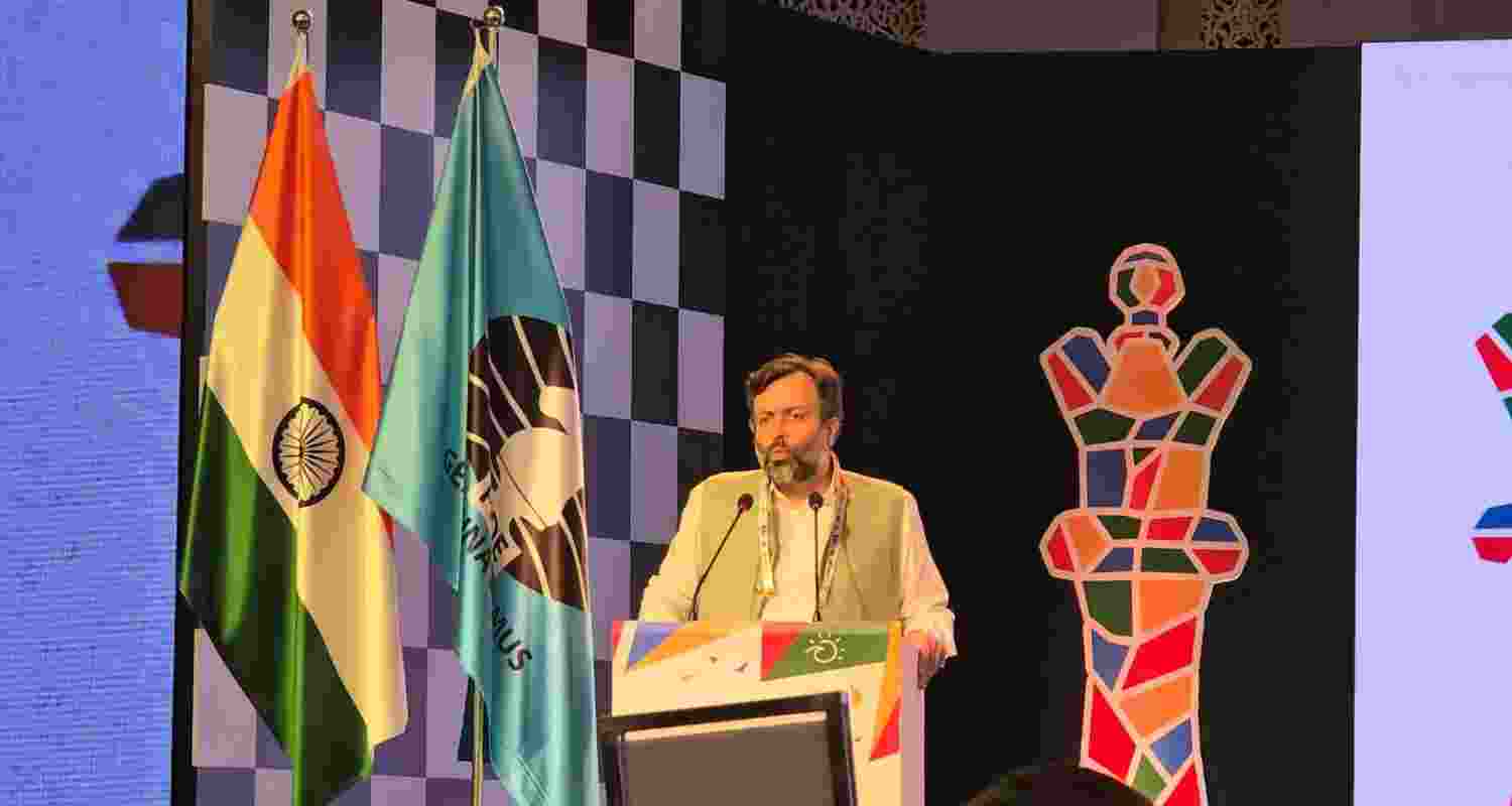 All India Chess Federation president Nitin Narang delivering his thanksgiving address during the closing ceremony of the FIDE World Cup in Panaji on Wednesday evening.