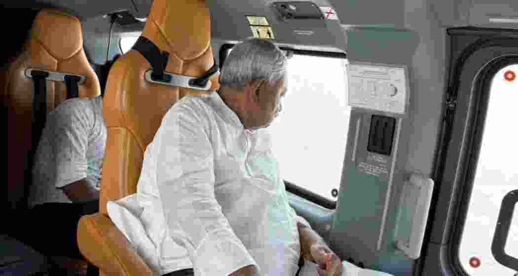 Bihar CM Nitish Kumar during an aerial survey of the rising water level of rivers in Gopalganj and East Champaran districts.