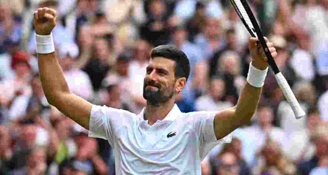 Novak Djokovic reacts after defeating Flavio Cobolli in four sets at Wimbledon. The 38-year-old Serb will next face Jannik Sinner in a blockbuster semi-final at Centre Court.