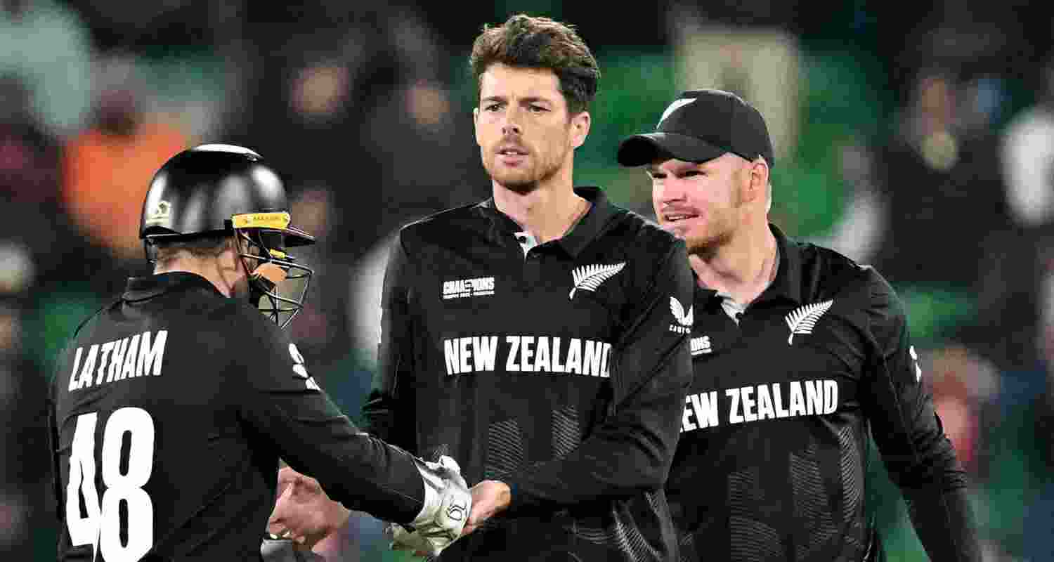 NZ spinner Mitchell Santner celebrates a wicket.