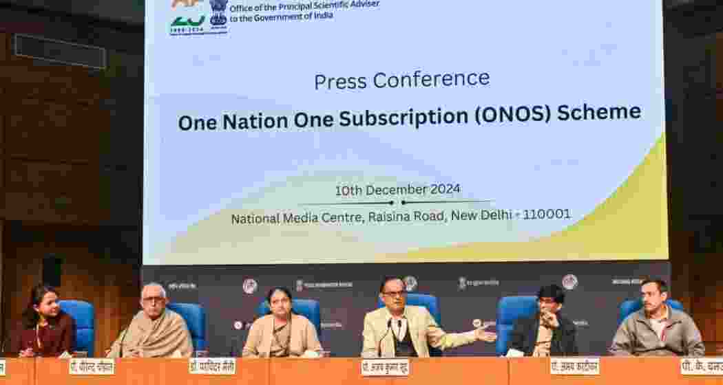 Ajay Sood, Principal Scientific Adviser, Abhay Karandikar, Secretary, Department of Science and Technology, Parvinder Maini, Scientific Secretary to Principle Scientific Advisor and others during a press conference on 'One Nation, One Subscription' (ONOS) scheme, in New Delhi.