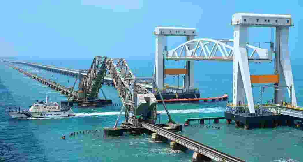 A view of the new Pamban Rail Bridge and the old Pamban Bridge.