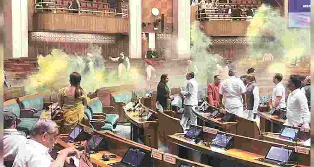 A moment captured during the Parliament security breach in December 2023 which saw six accused arrested for a gas attack. 