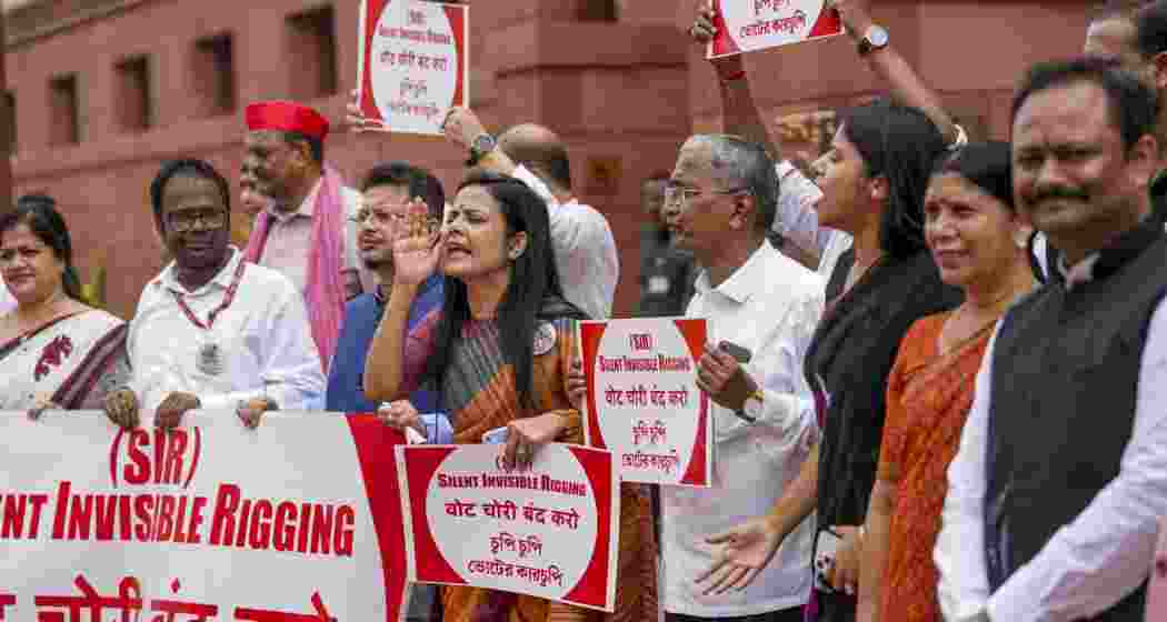 TMC MP Mahua Moitra with other parliamentarians from the INDIA bloc parties at a protest against the EC.