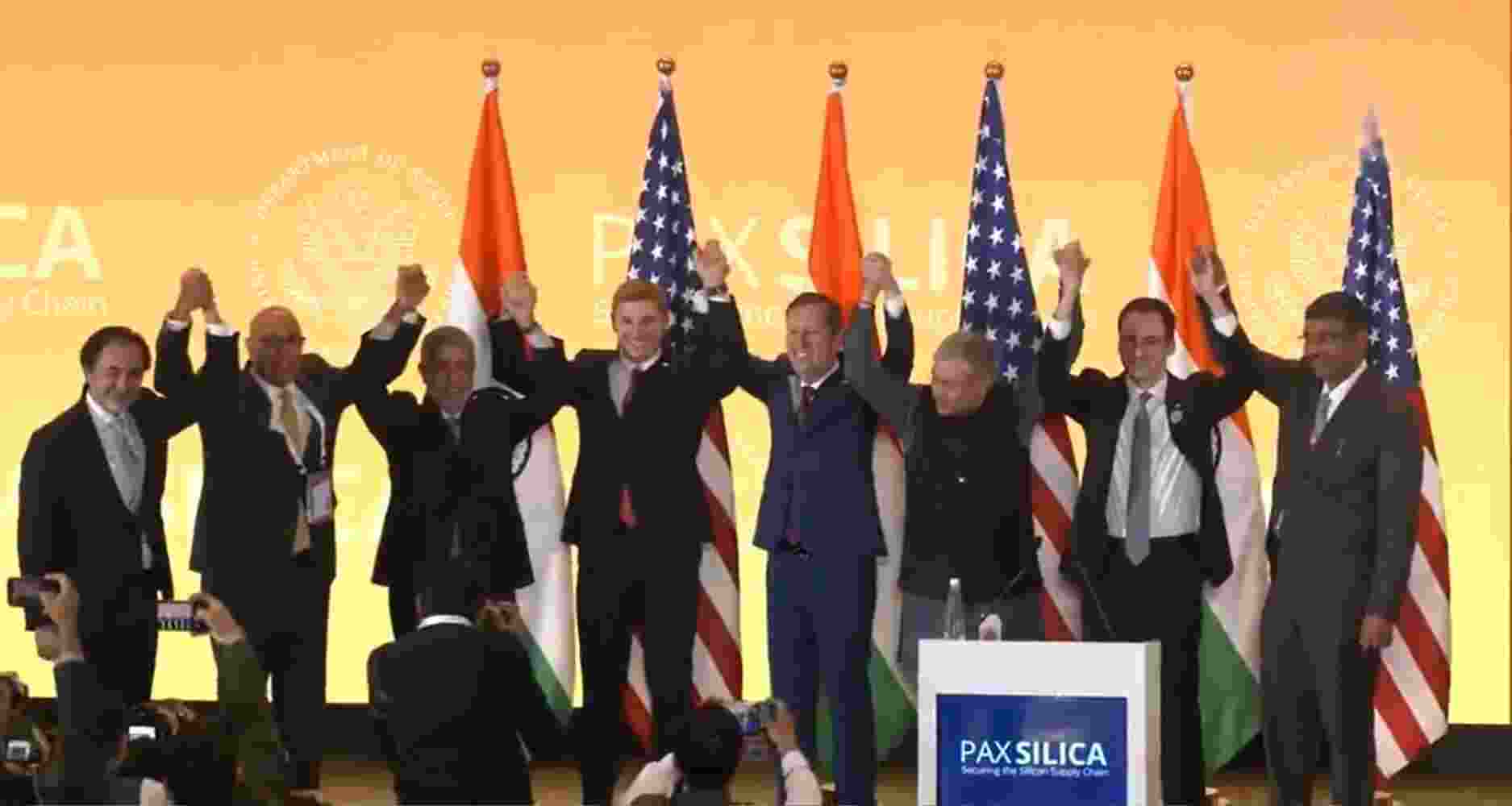 Ashwini Vaishnaw, Union Minister for Electronics & Information Technology, Jacob Helberg, US Under Secretary of State for Economic Affairs, US Ambassador to India Sergio Gor, MeitY Secretary S Krishnan and other officials post signing of Pax Silica Declaration between India and the US. 