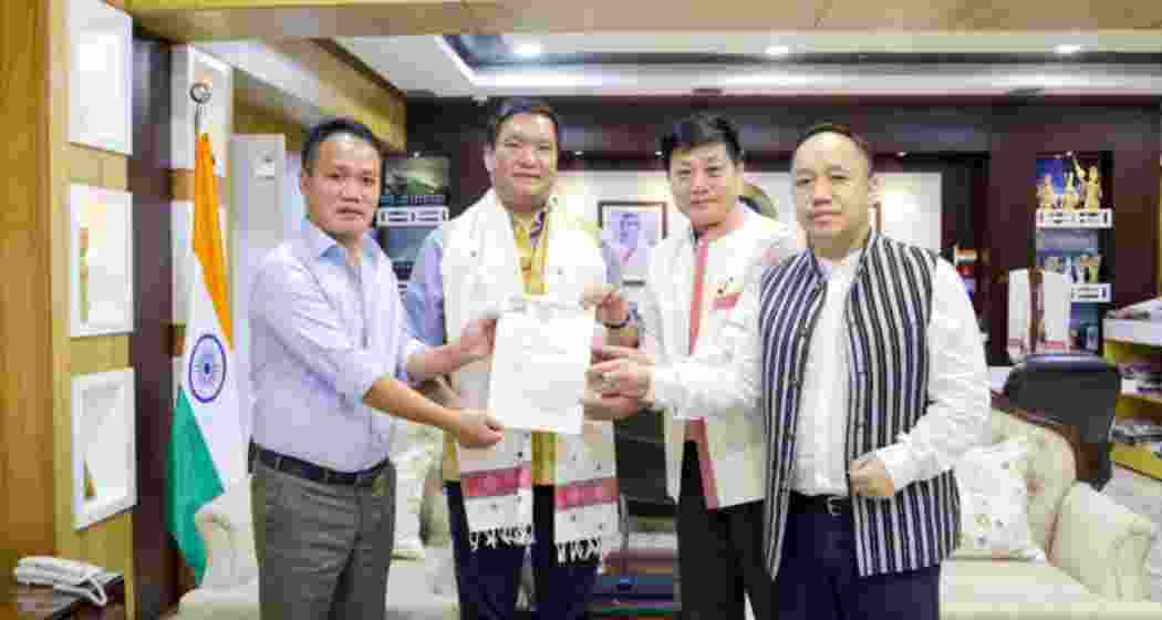 NCP MLAs Nikh Kamin, Likha Soni, and Toko Tatung with Arunachal Pradesh CM Pema Khandu (second from left).