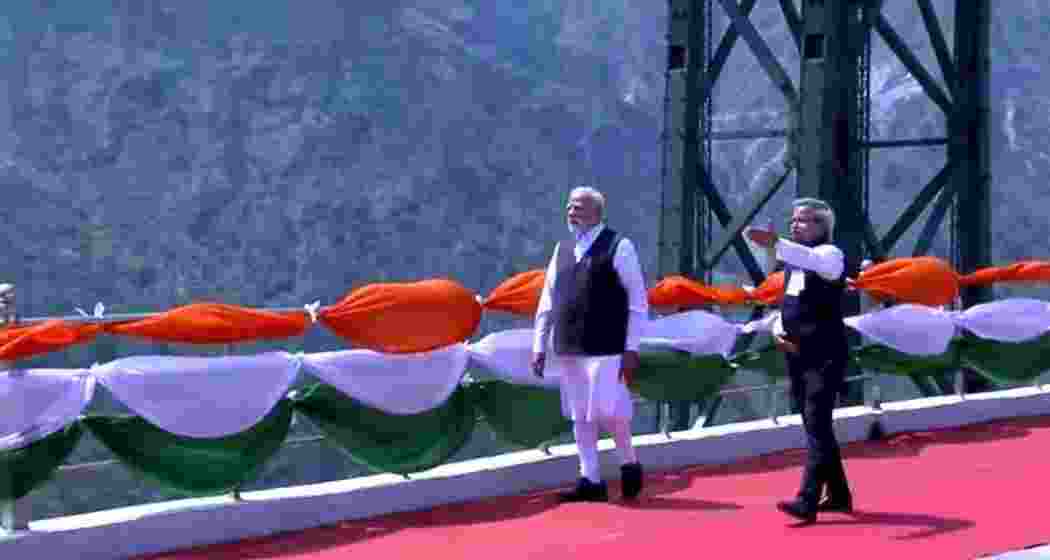 Prime Minister Narendra Modi walks across the Chenab Bridge in Reasi, Jammu & Kashmir, after inaugurating the world’s tallest railway arch bridge, a centrepiece of the USBRL project.