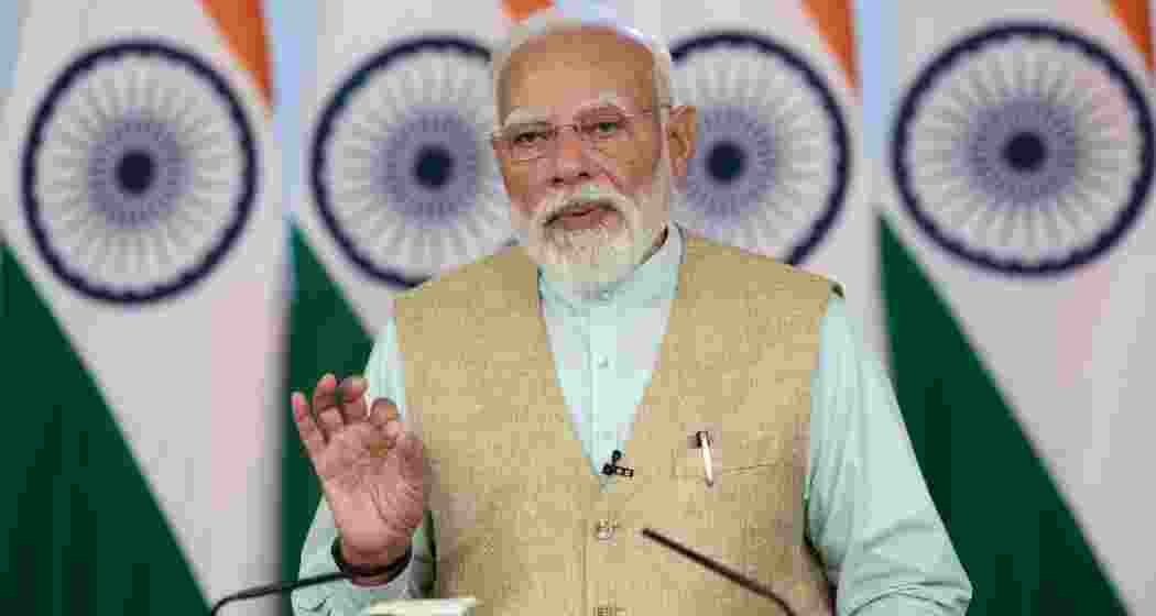  Prime Minister Narendra Modi delivers a video message during foundation stone laying ceremony of Kota airport on Saturday.