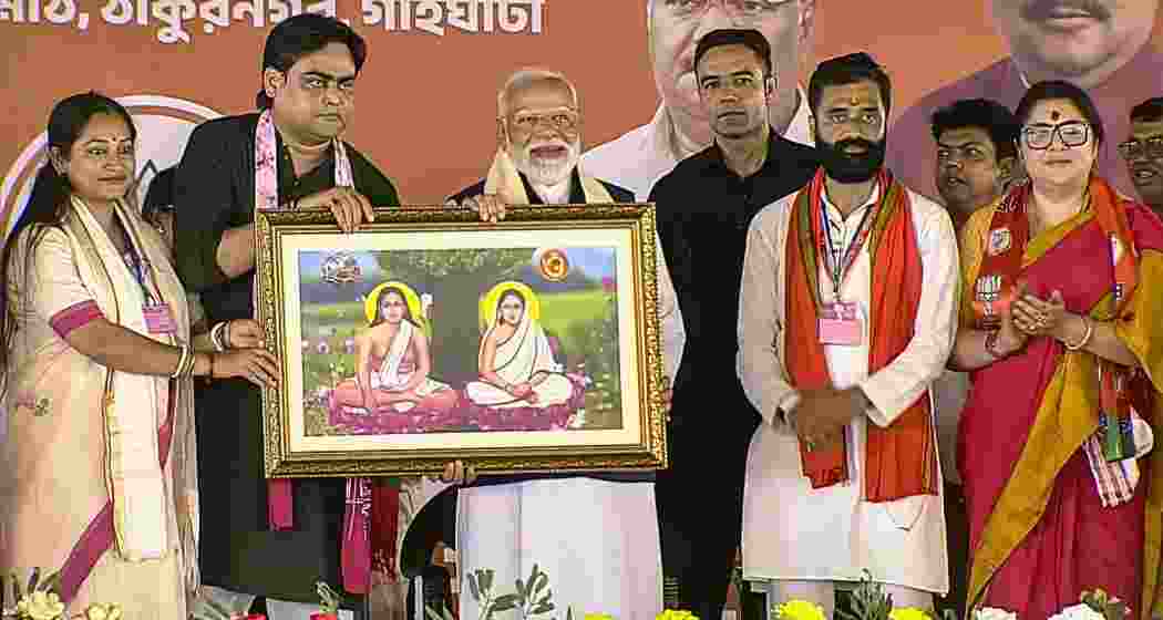 Prime Minister Narendra Modi during a public meeting for West Bengal Assembly elections, at Bongaon in North 24 Parganas on Sunday. (@NarendraModi/Yt via PTI Photo)