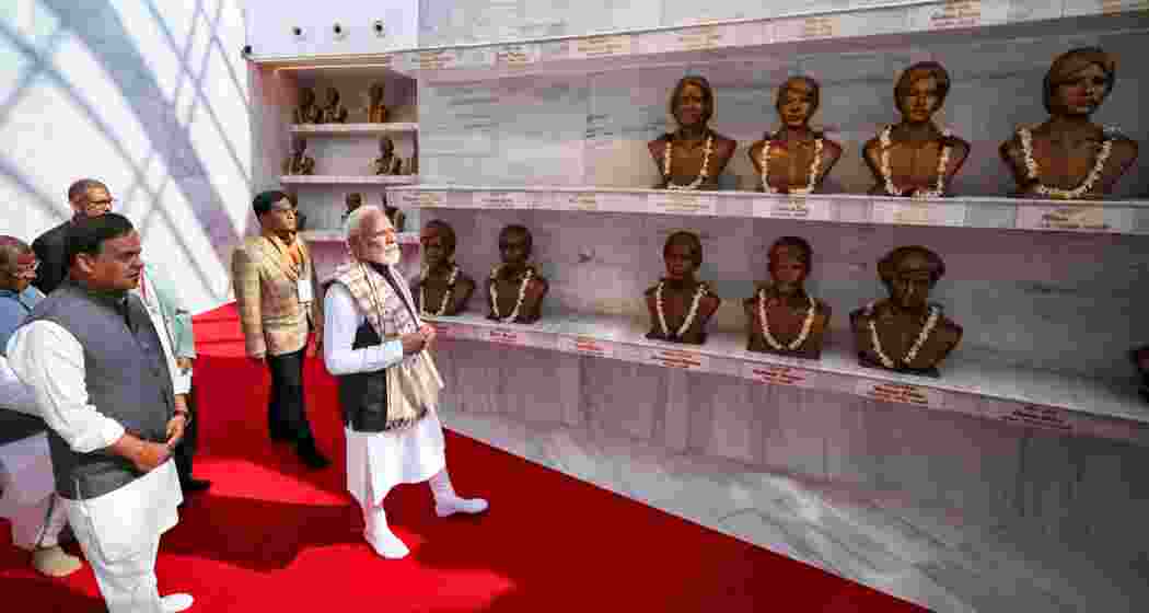 Prime Minister Narendra Modi, Assam Governor Lakshman Prasad Acharya, Union Minister Sarbananda Sonowal and Assam Chief Minister Himanta Biswa Sarma during a visit to the 'Swahid Smarak Kshetra', in Guwahati on Sunday.