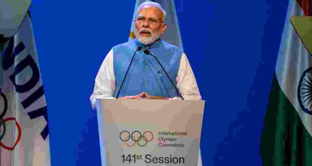 PM Modi addresses a gathering during the 141st session of the International Olympic Committee. (File photo)
