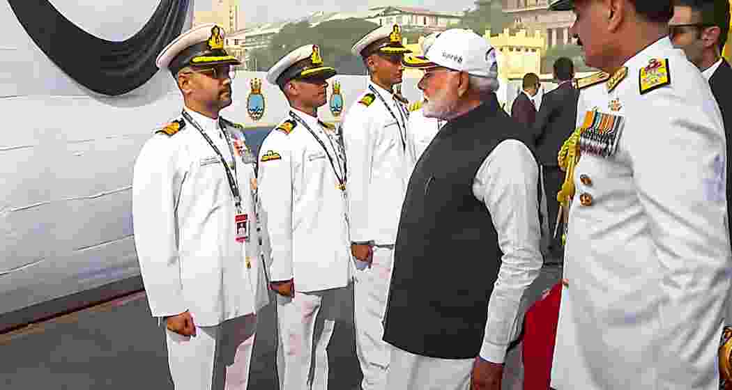 Prime Minister Narendra Modi during a ceremony to dedicate frontline naval combatants INS Surat, INS Nilgiri and INS Vaghsheer to the nation, at the Naval Dockyard in Mumbai on Wednesday.