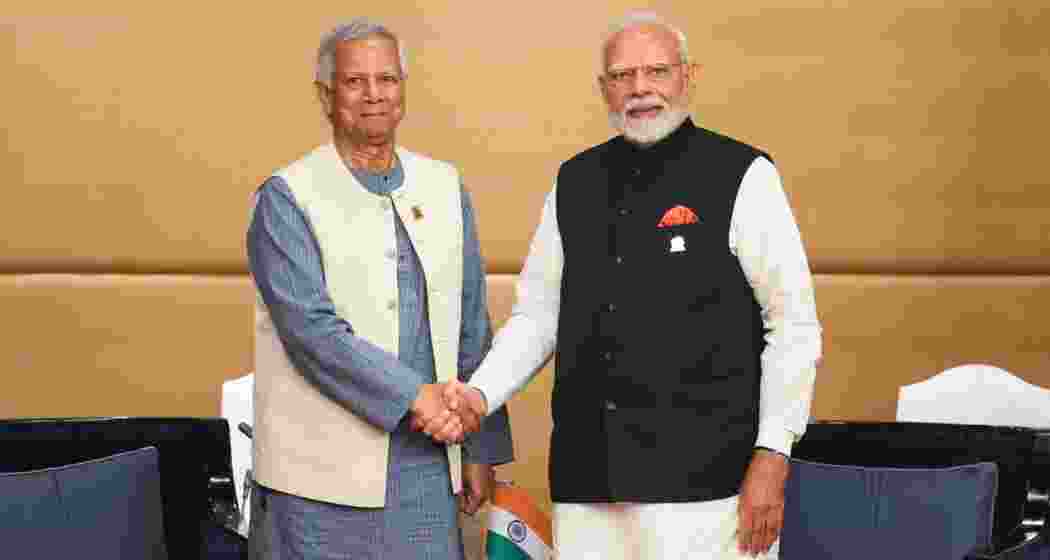 Prime Minister Narendra Modi with Bangladesh’s interim leader Muhammad Yunus at the BIMSTEC Summit in Bangkok on Friday — the first meeting between the two leaders since Sheikh Hasina’s government was ousted.