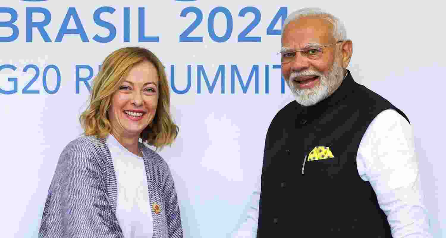 PM Narendra Modi during a meeting with Italian PM Giorgia Meloni on the sidelines of the G20 Summit, in Rio de Janeiro.
