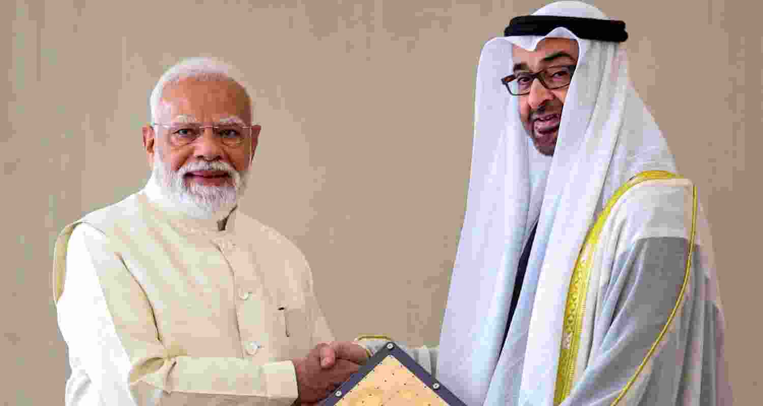 Prime Minister Narendra Modi with UAE President Sheikh Mohamed bin Zayed Al Nahyan in Abu Dhabi - Image via X.