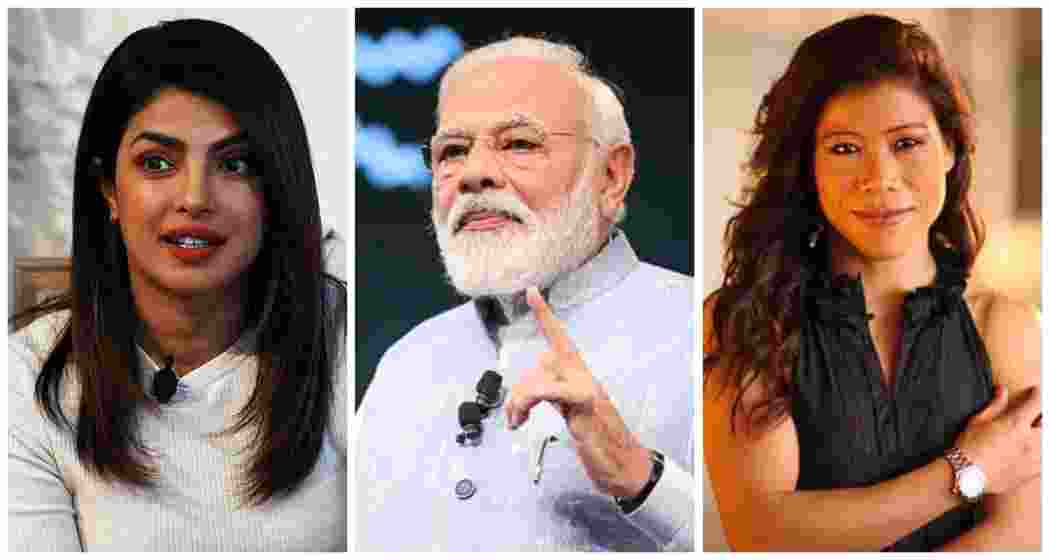Actor Deepika Padukone (L), Prime Minister Narendra Modi during his annual interactive programme, Pariksha Pe Charcha (M), boxing champion Mary Kom (R). File photos.