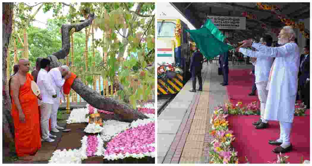 Prime Minister Narendra Modi offers prayers at the sacred Jaya Sri Maha Bodhi in Anuradhapura, Sri Lanka, alongside President Dissanayake (L). Prime Minister Narendra Modi and Sri Lankan President Anura Kumara Dissanayake jointly inaugurate India-assisted railway projects in Anuradhapura (R).