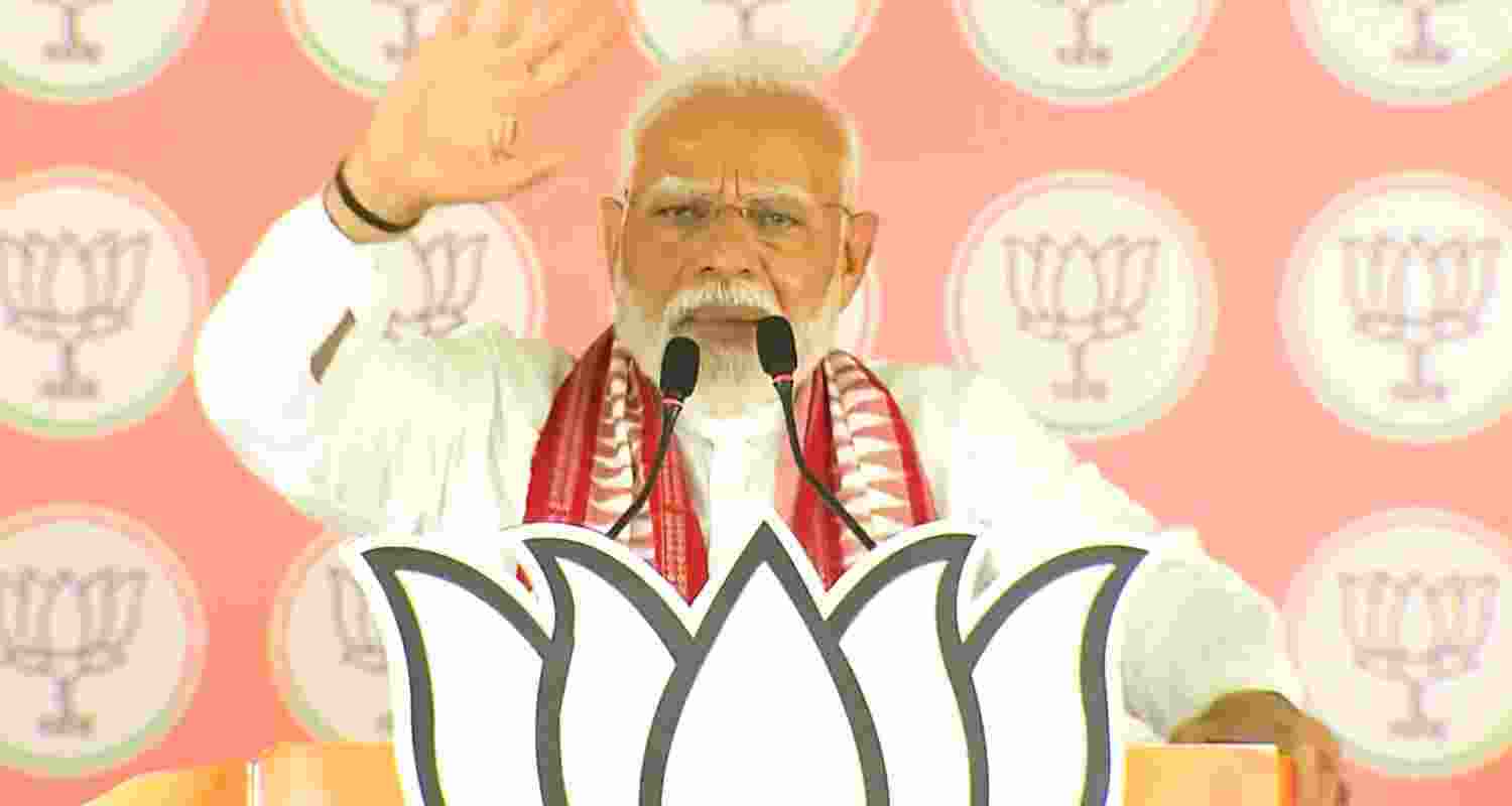 Prime Minister Narendra Modi addresses during a public meeting for Lok Sabha elections, in Kandhamal, Odisha. 
