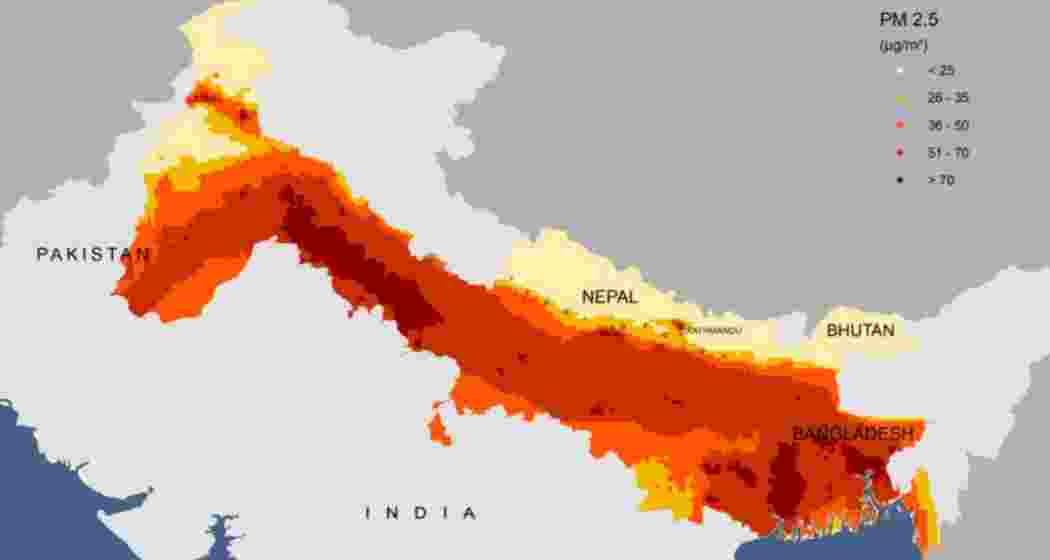 Air pollution concentrations across the Indo-Gangetic plains, Himalayan foothills, Nepal and other neighbouring countries.