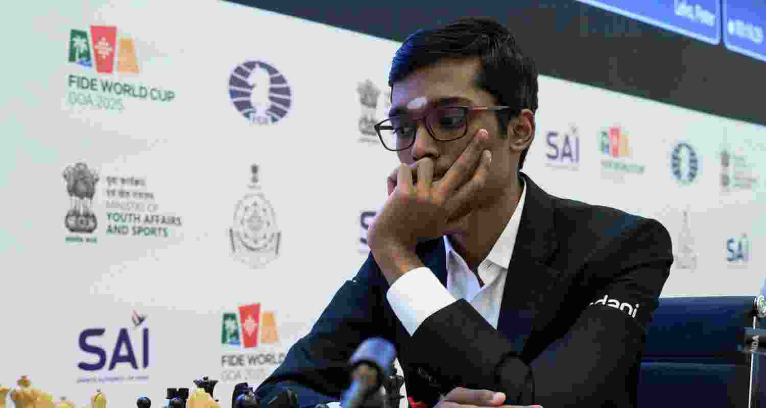 R Praggnanandhaa during his Round 4 tiebreak game at the FIDE World Cup in Panaji on Thursday.