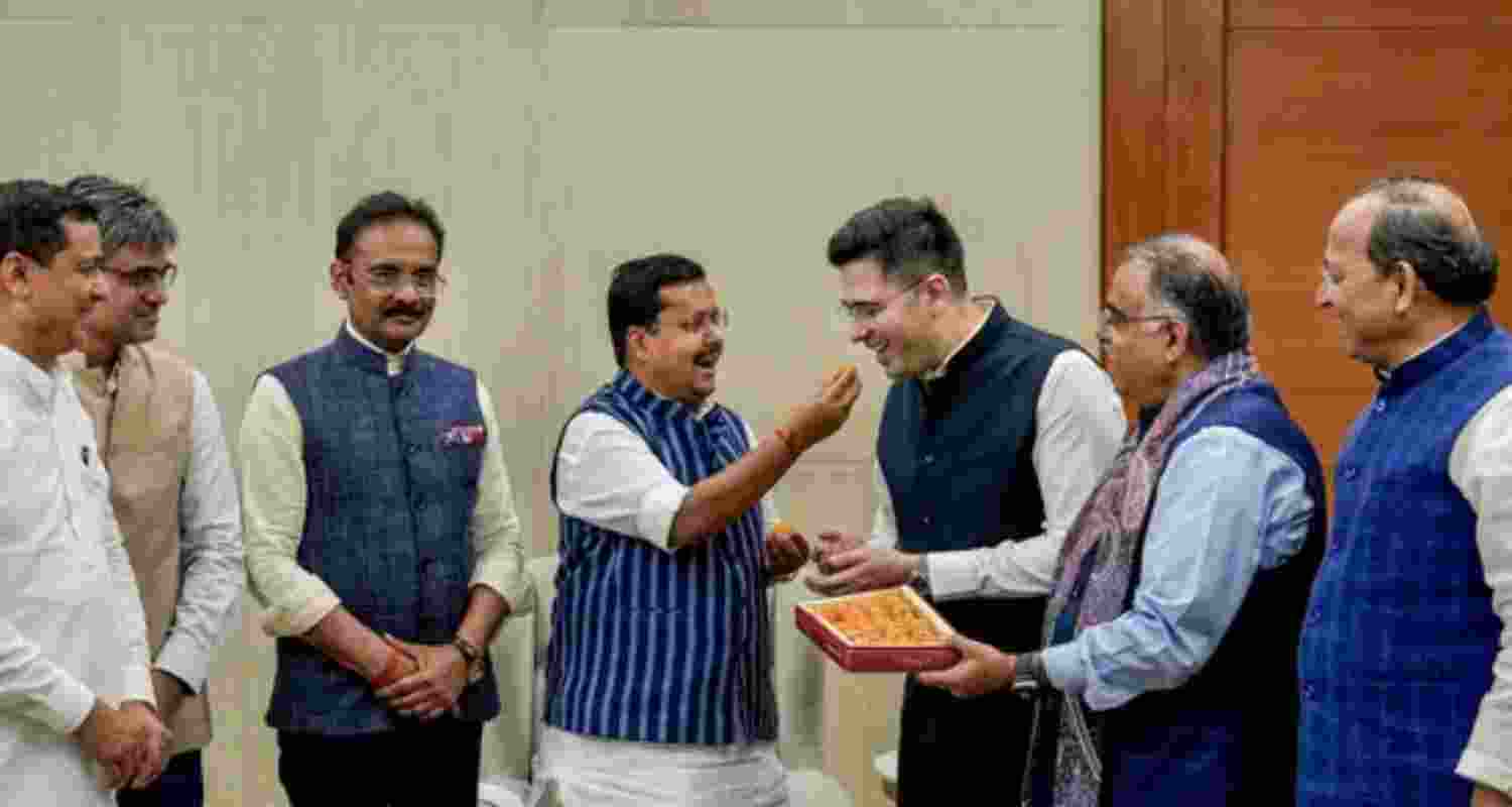 BJP National President Nitin Nabin welcomes Rajya Sabha MPs Raghav Chadha, Sandeep Pathak and Ashok Mittal at the party's headquarters - file image.