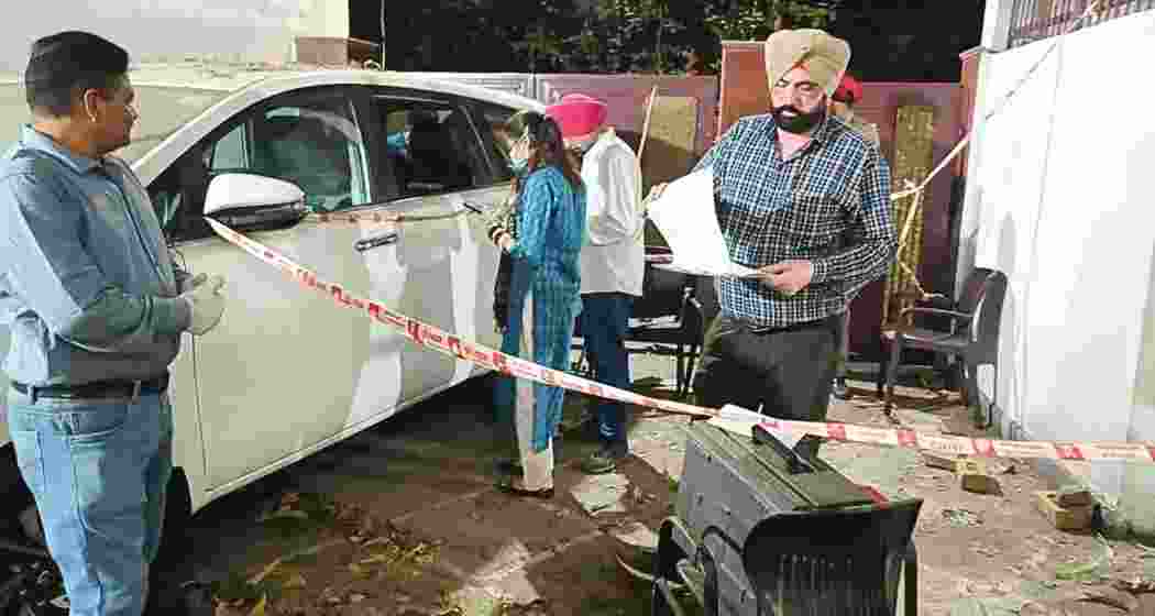 Security personnel outside BJP leader Manoranjan Kalia’s Jalandhar residence after a grenade attack early on Tuesday.