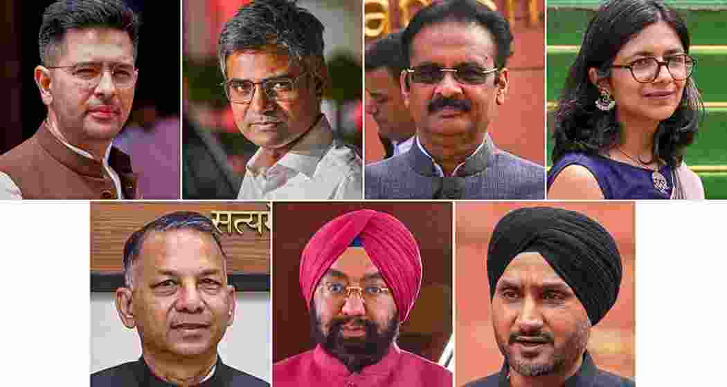 This combo image shows Aam Aadmi Party (AAP) Rajya Sabha MPs, clockwise from top left, Raghav Chadha, Sandeep Pathak, Ashok Mittal, Swati Maliwal, Harbhajan Singh, Vikramjit Singh Sahney and Rajinder Gupta. In a massive jolt to AAP, seven of its Rajya Sabha MPs, including Chadha, Pathak and Mittal, quit the party on Friday, April 24.